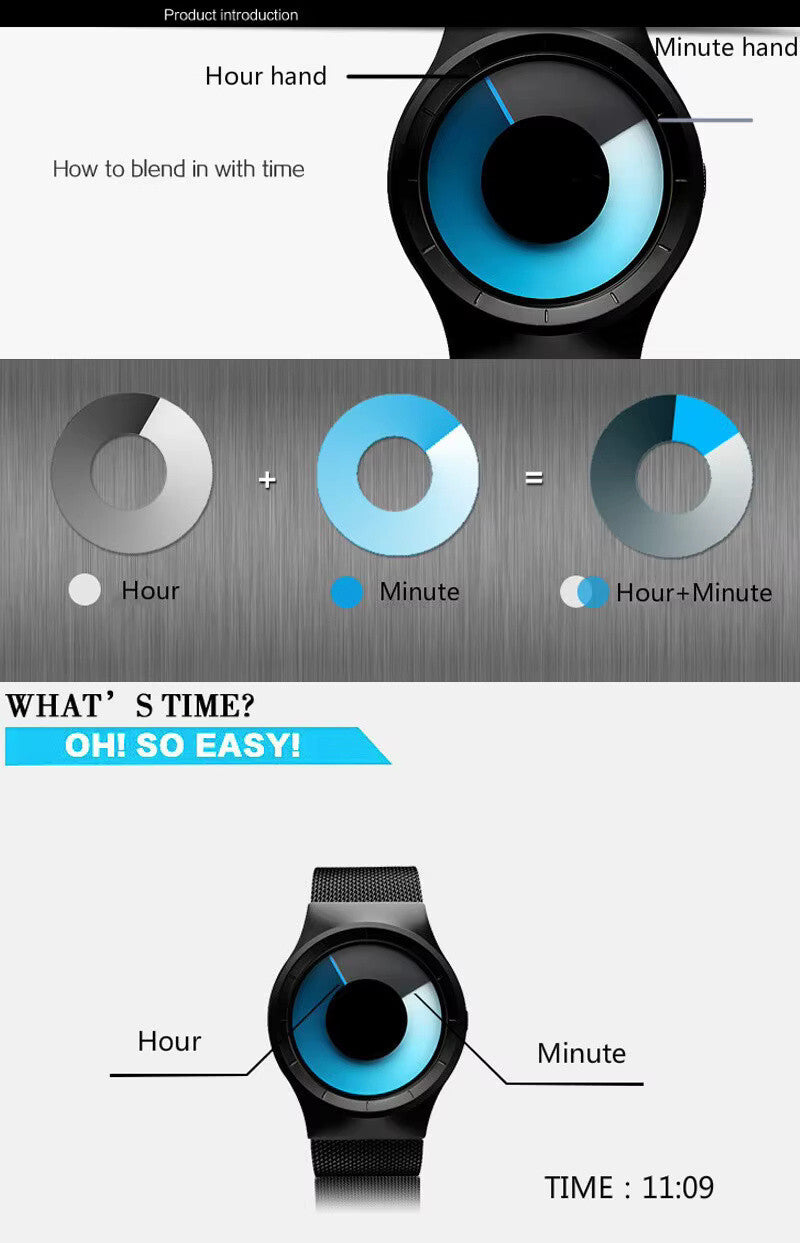 Numberless Watch - Liquid Blue Display - Fathers Day Gift Novelty Unique Unisex