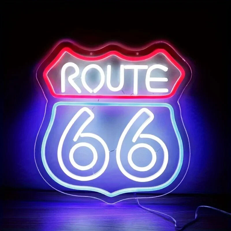 Route 66 Neon Light – LED Sign American - Acrylic Baseplate, USB Powered