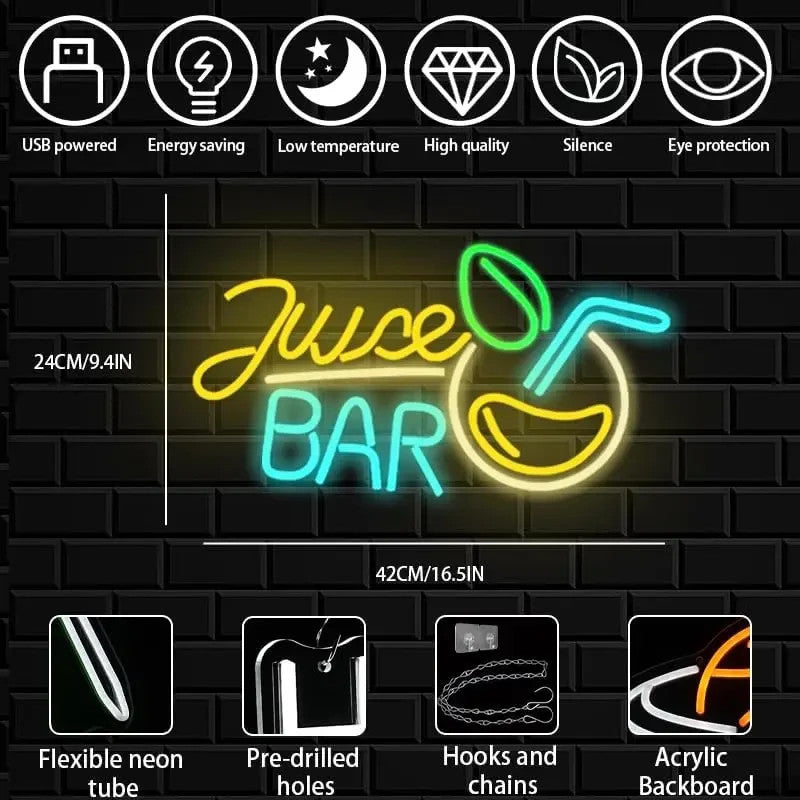 Juice Bar Neon Light -  Smoothie Store LED Sign - Coffee Shop Health Kiosk USB