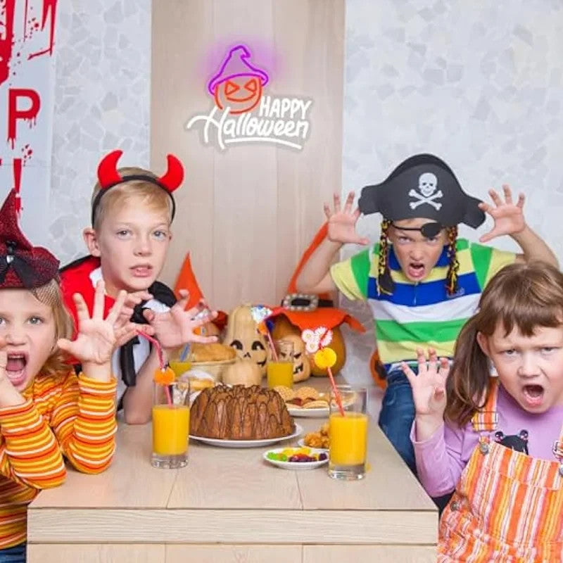 Happy Halloween Neon Sign - LED Spooky Pumpkin Light - Pub Home Play Area maze