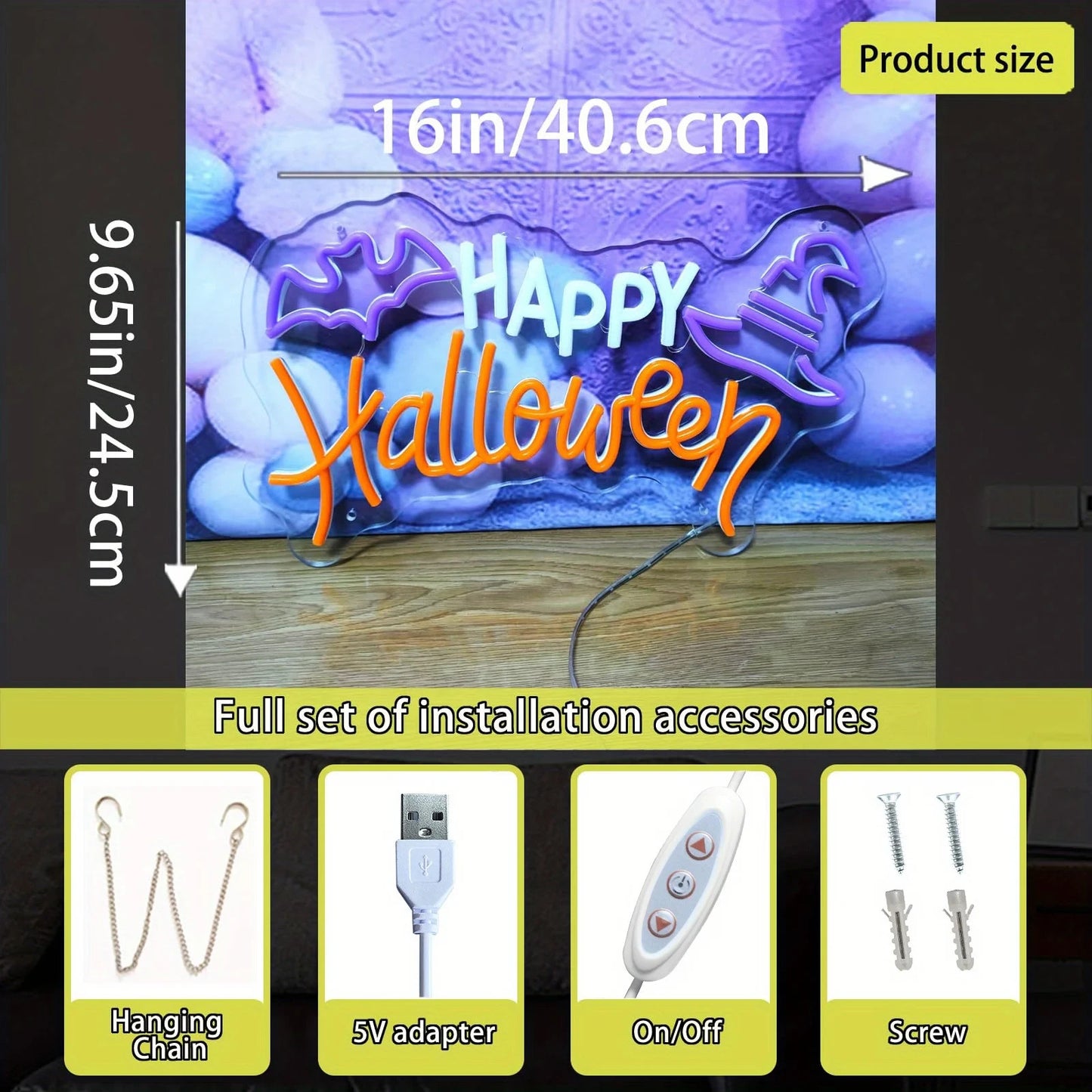 Happy Halloween Neon Sign - LED Spooky Light - Pub Home Play Area Ghost Bat Hat