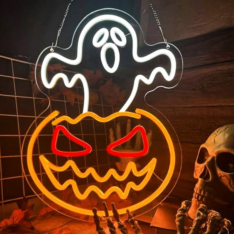 Happy Halloween Neon Sign - LED Spooky Pumpkin Light - Pub Home Play Area Ghost