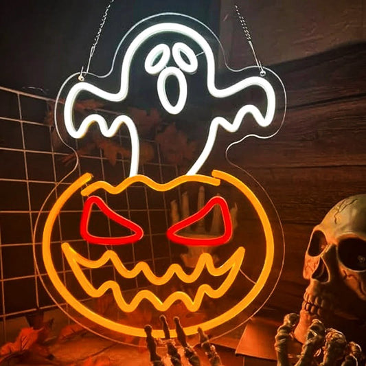 Happy Halloween Neon Sign - LED Spooky Pumpkin Light - Pub Home Play Area Ghost