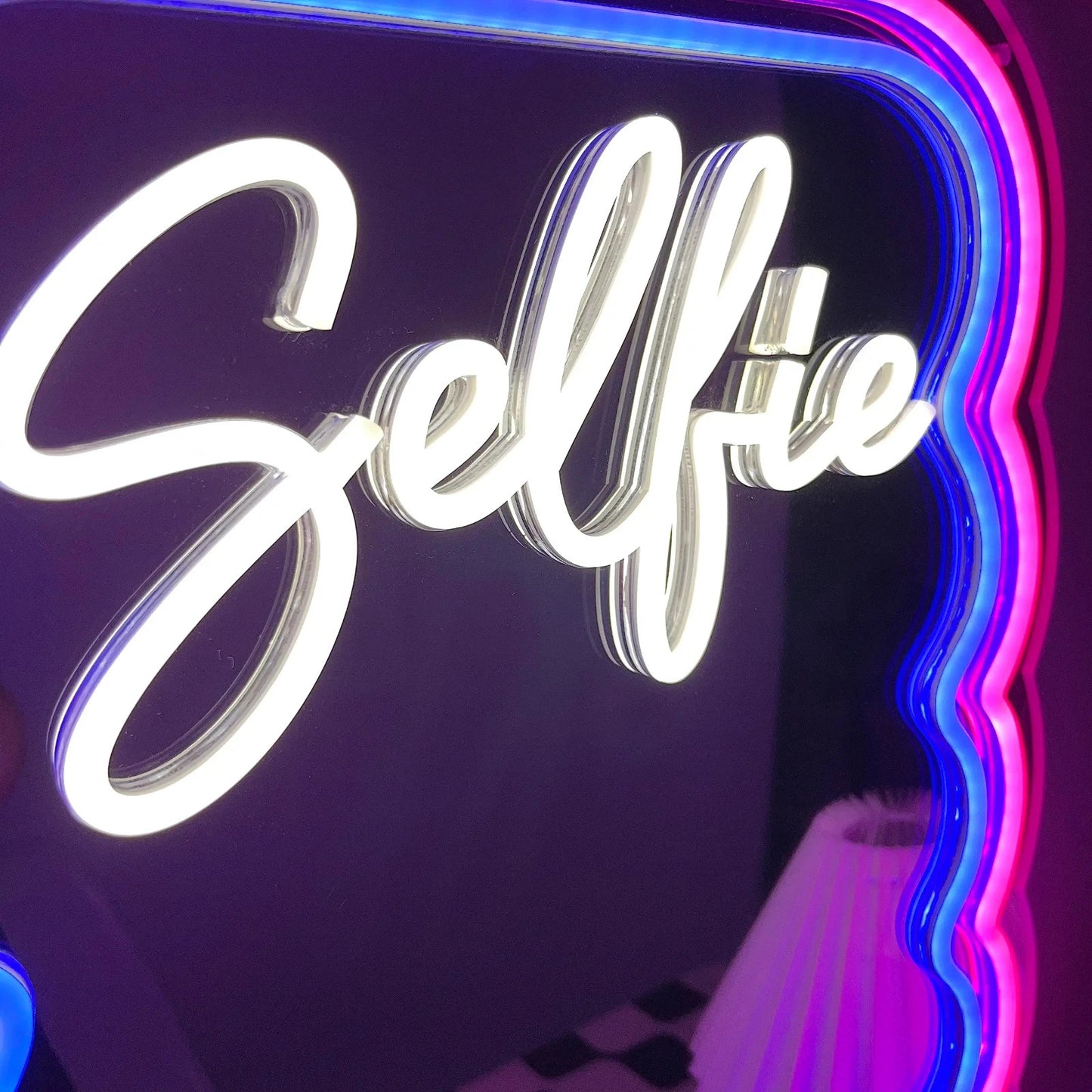 LED Neon Wave Design Selfie Mirror - USB power Light up Retro Gift 80s style