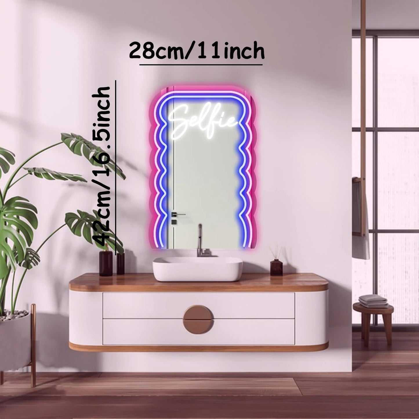 LED Neon Wave Design Selfie Mirror - USB power Light up Retro Gift 80s style