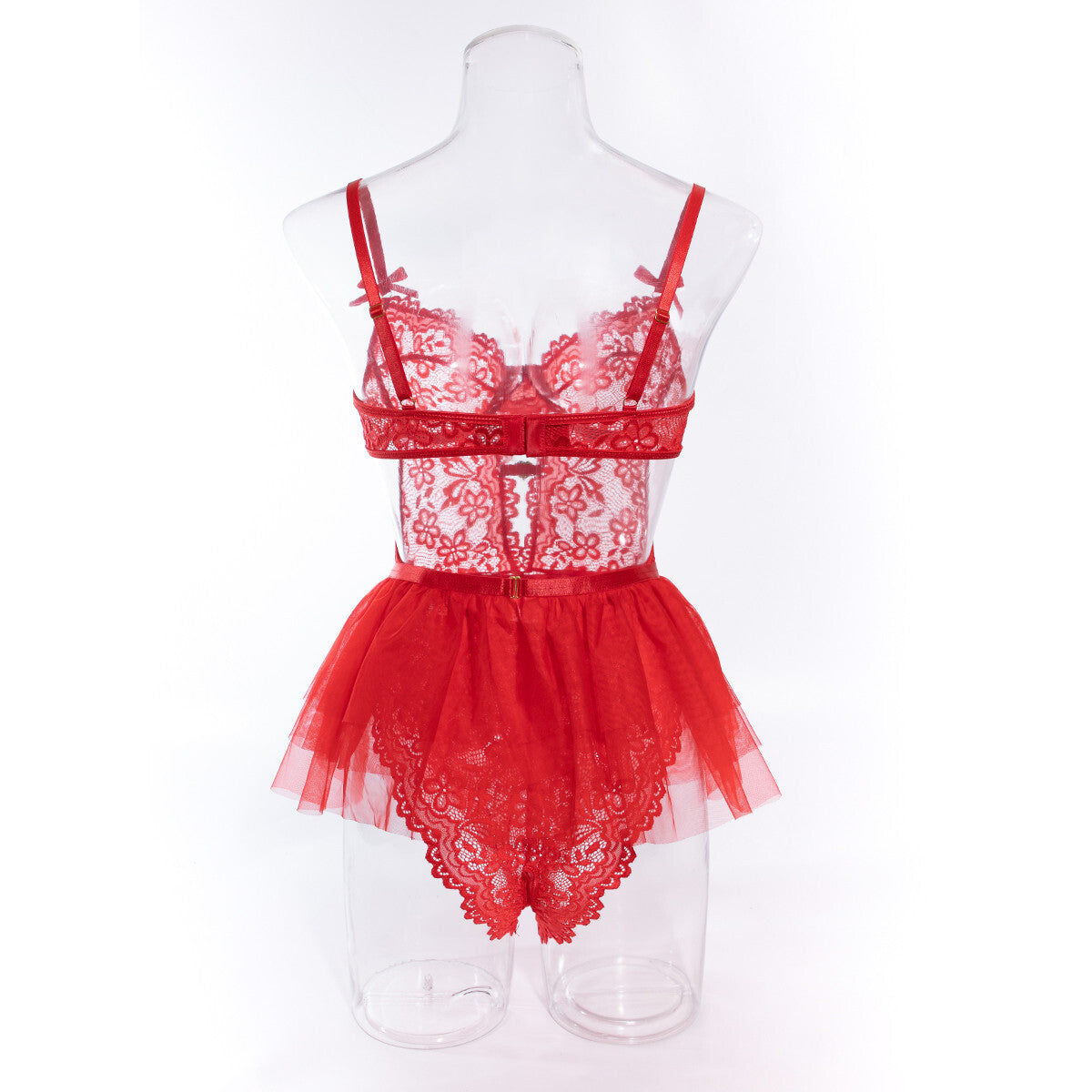 Sexy 2 Piece Valentines Lingerie Set - Backless Red Lace Outfit crotchless Skirt
