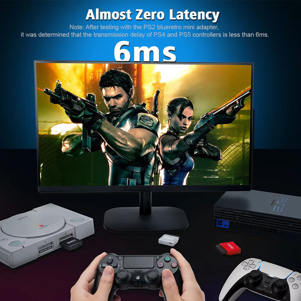 Wireless Bluetooth Controller Receiver - Playstation 1 & 2  - (Black) Blue Retro