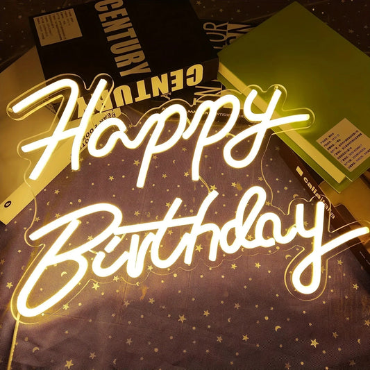 Happy Birthday Neon Sign - Warm White LED Light - Wall Bday Celebration Party