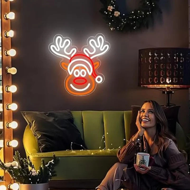 Merry Christmas Neon Sign - LED Rudolph Reindeer Light - Home Happy Xmas Store