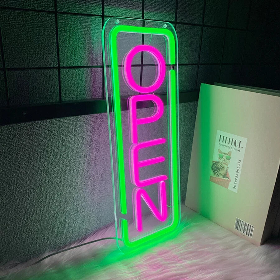 Green Pink OPEN Neon Light - Store Front LED Sign - Office Shop Restaurant Bar