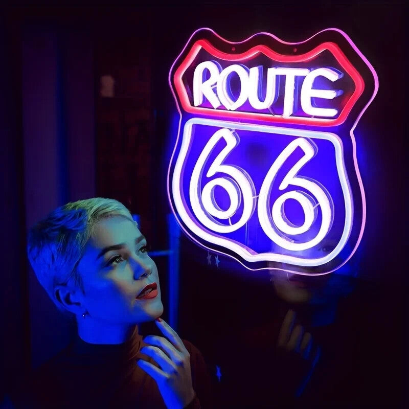 Route 66 Neon Light – LED Sign American - Acrylic Baseplate, USB Powered