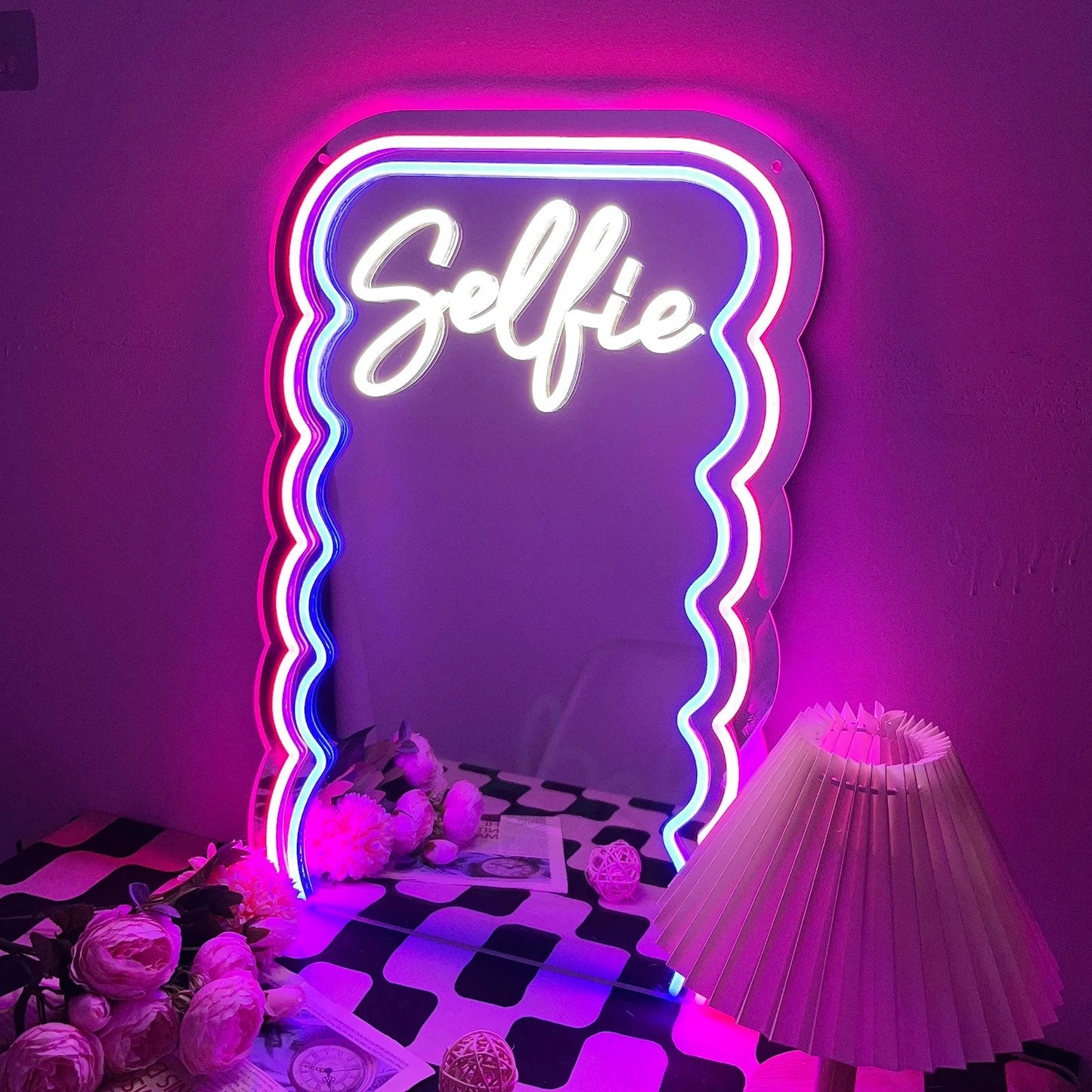 LED Neon Wave Design Selfie Mirror - USB power Light up Retro Gift 80s style