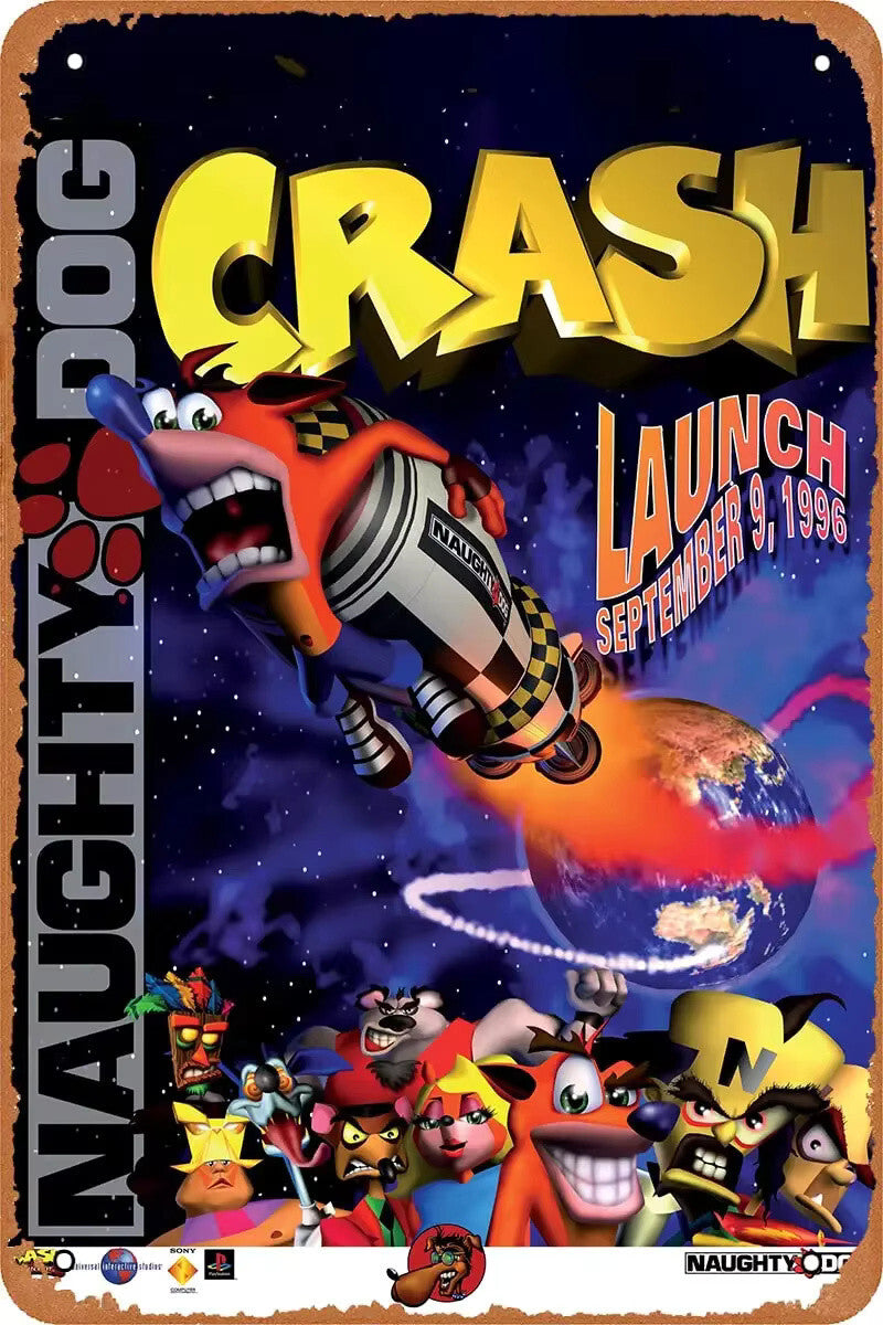 CRASH BANDICOOT TIN METAL SIGN - 8"X12" VIDEO GAME PLAYSTATION PS1 - 20 x 30 CM