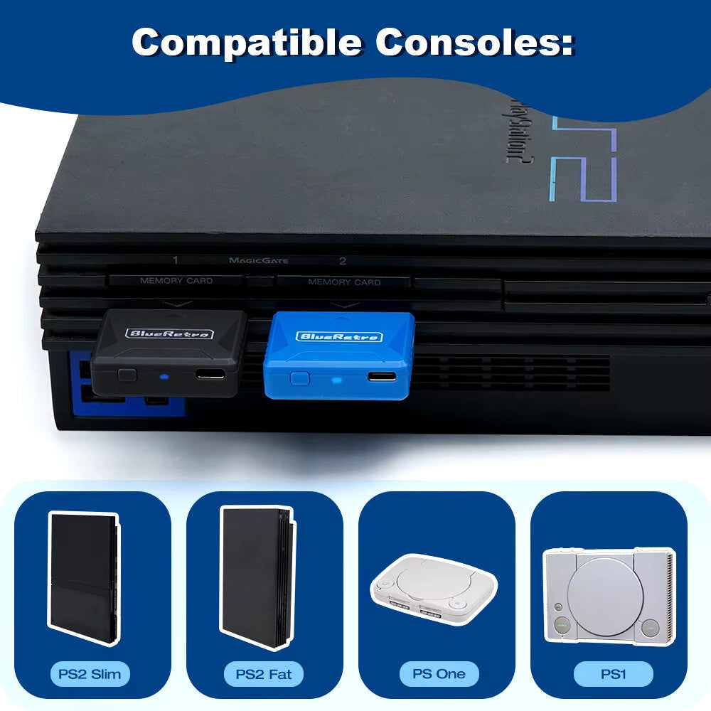 Wireless Bluetooth Controller Receiver - Playstation 1 & 2  - (Black) Blue Retro