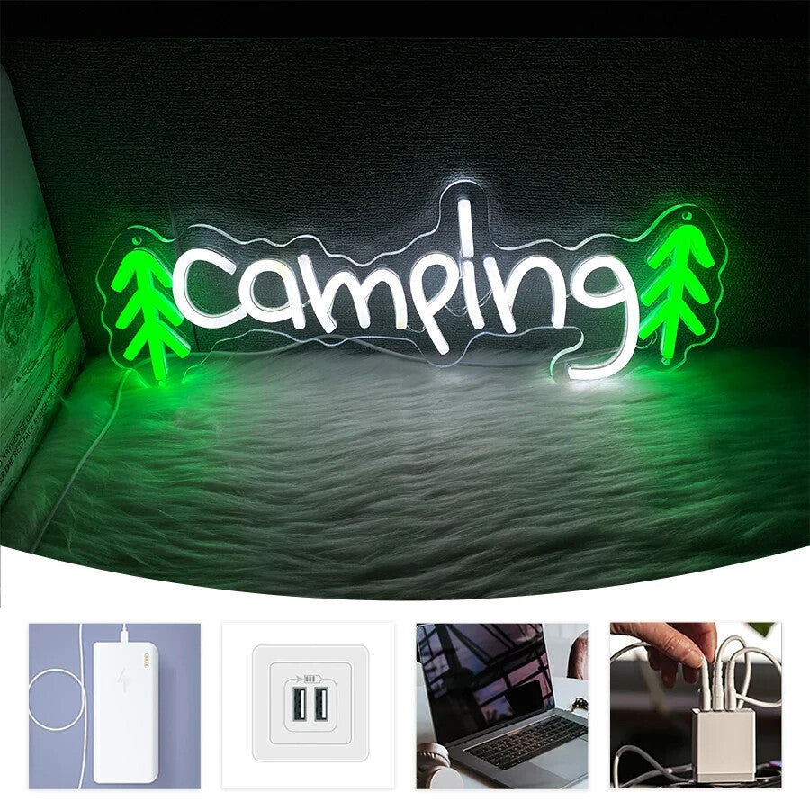 Camping Neon Sign - Green LED Light Campervan Campsite Park Caravan Glamping RV