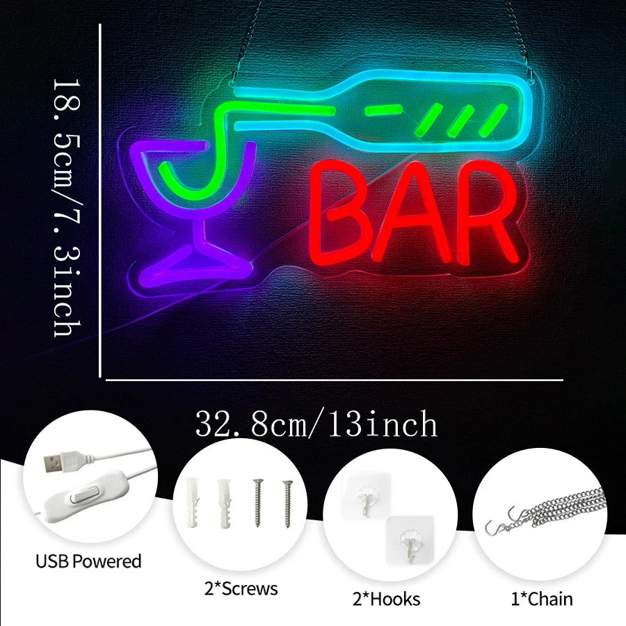 Wine Bottle Glass Pub Cocktail Bar Sign  - Neon Light - Home Club LED Alcohol
