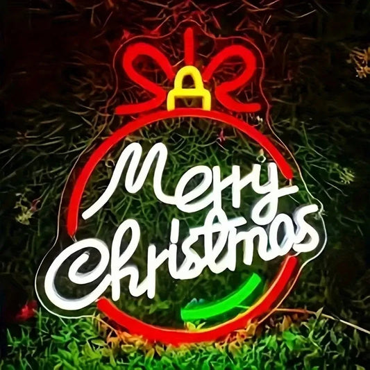 Merry Christmas Neon Sign - LED Bauble Light - Pub Home Happy Xmas Store Shops