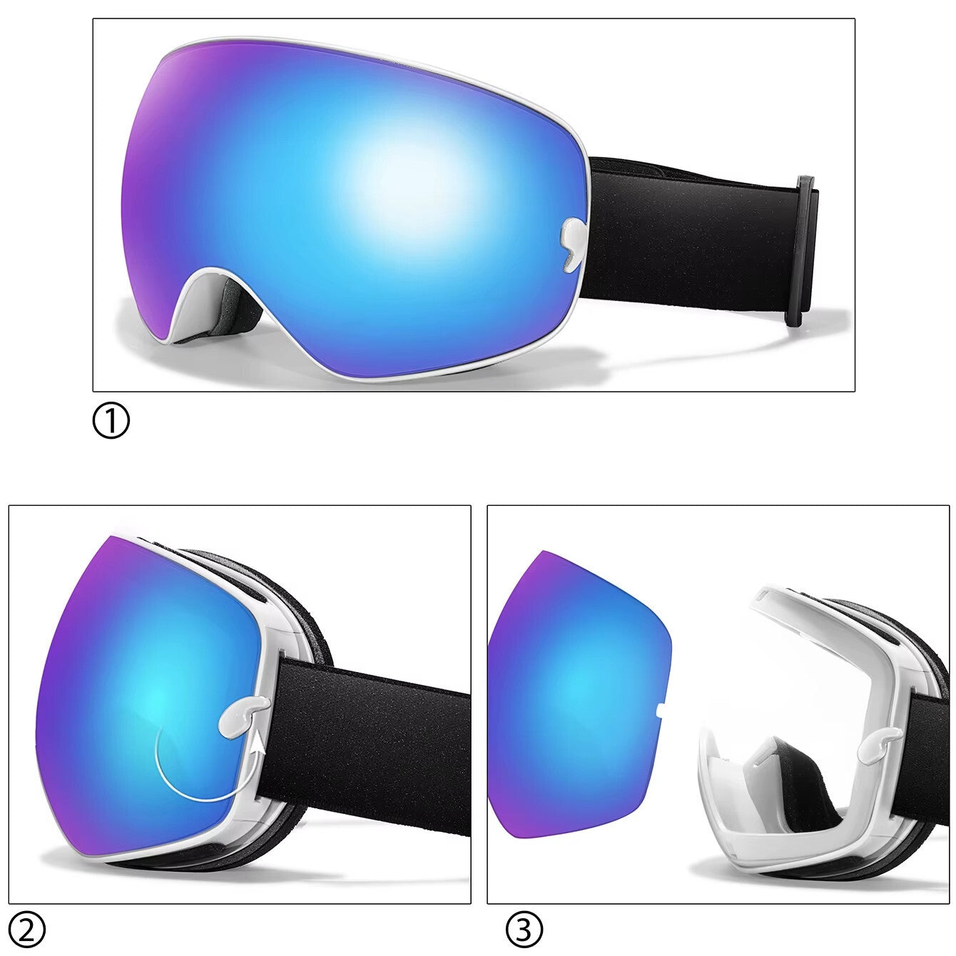 UV400 Interchangeable Lens Anti-Fog Ski Goggles - Adult Mens / Womans Blue White