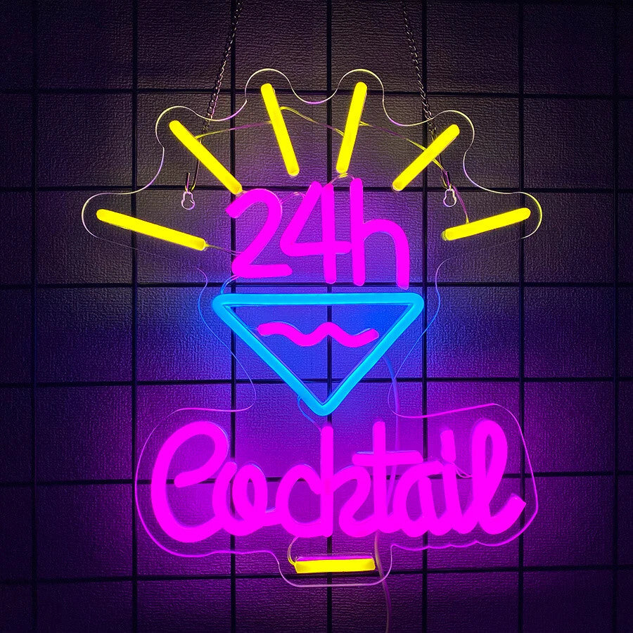 24hr Cocktail Neon Light - LED Bar Sign - Pub Home Club etc LED Alcohol