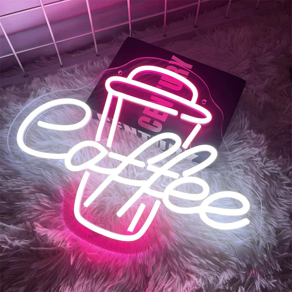 Coffee Cup White & Pink Neon Sign - Light Coffee Shop Cafe Kiosk Mug USB