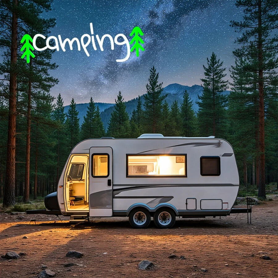 Camping Neon Sign - Green LED Light Campervan Campsite Park Caravan Glamping RV