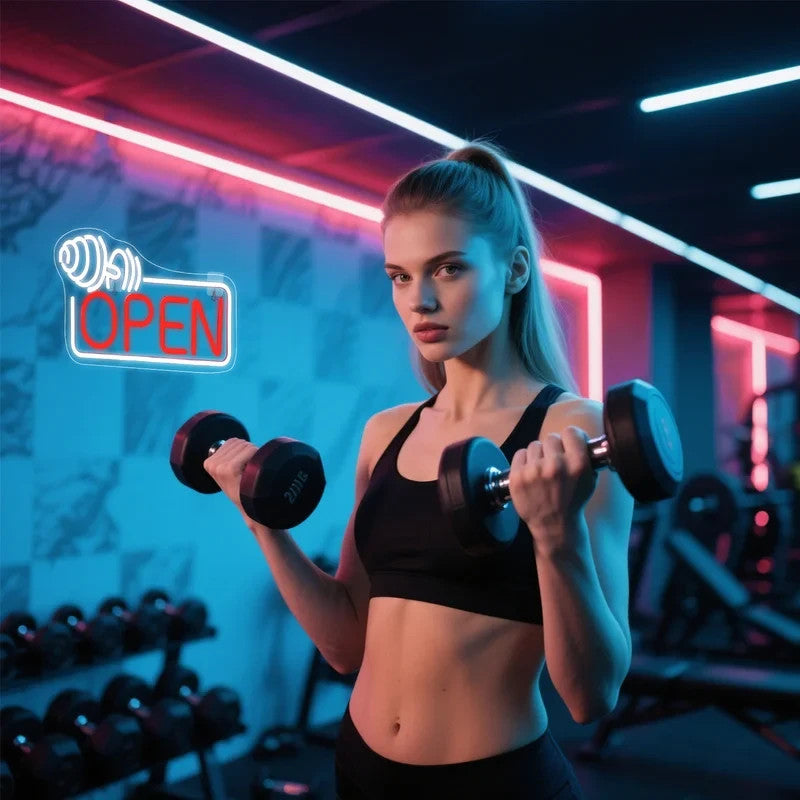 Gym Open Sign Neon Light with dumbbell - Weightlifting – Fitness Centre LED Club