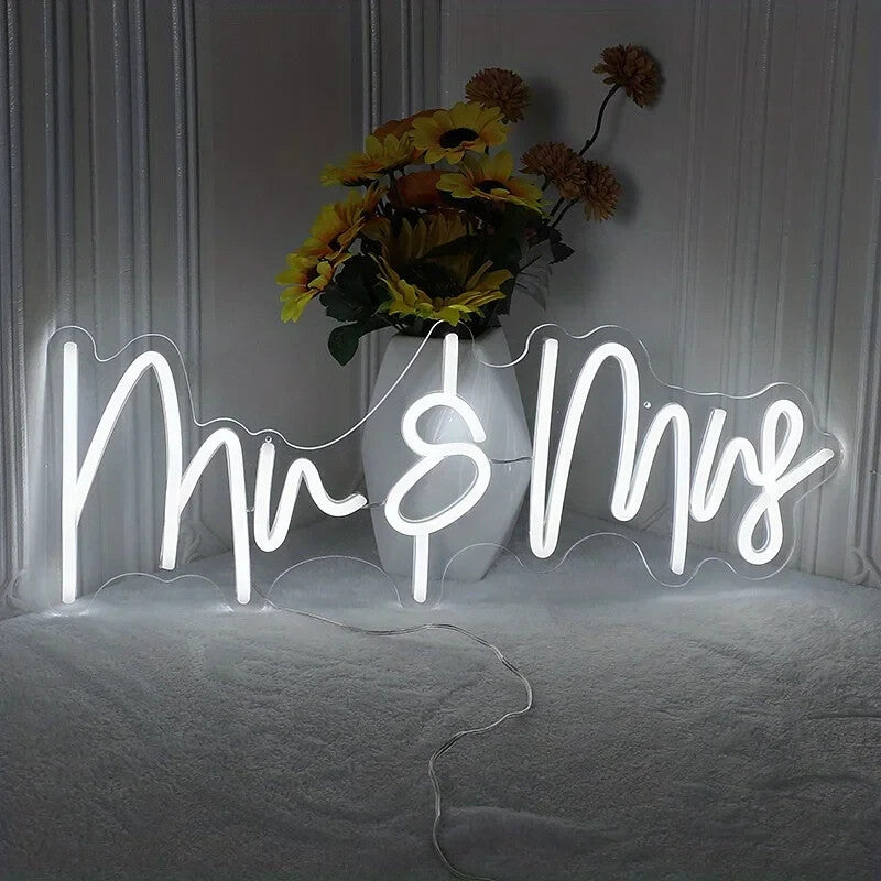 Mrs & Mrs Neon Sign - White LED Light - Wall Decor Wedding Bride Hen Party USB