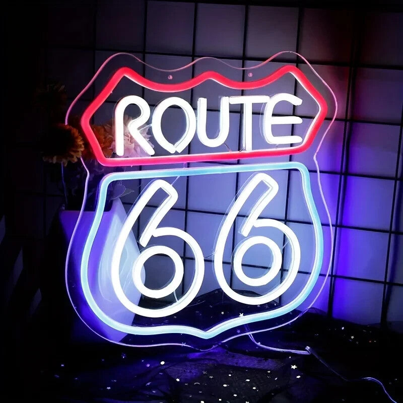 Route 66 Neon Light – LED Sign American - Acrylic Baseplate, USB Powered