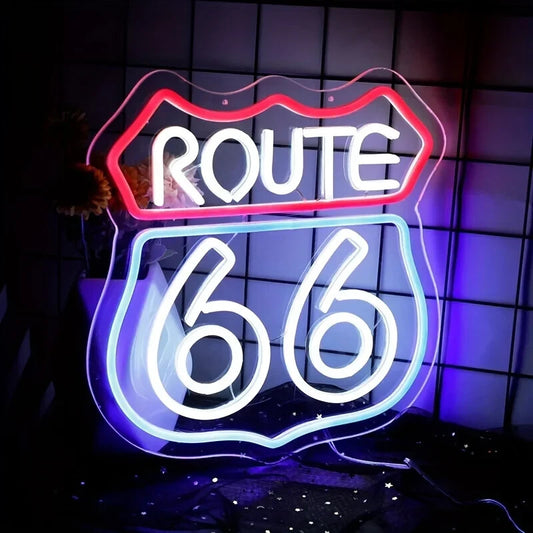 Route 66 Neon Light – LED Sign American - Acrylic Baseplate, USB Powered