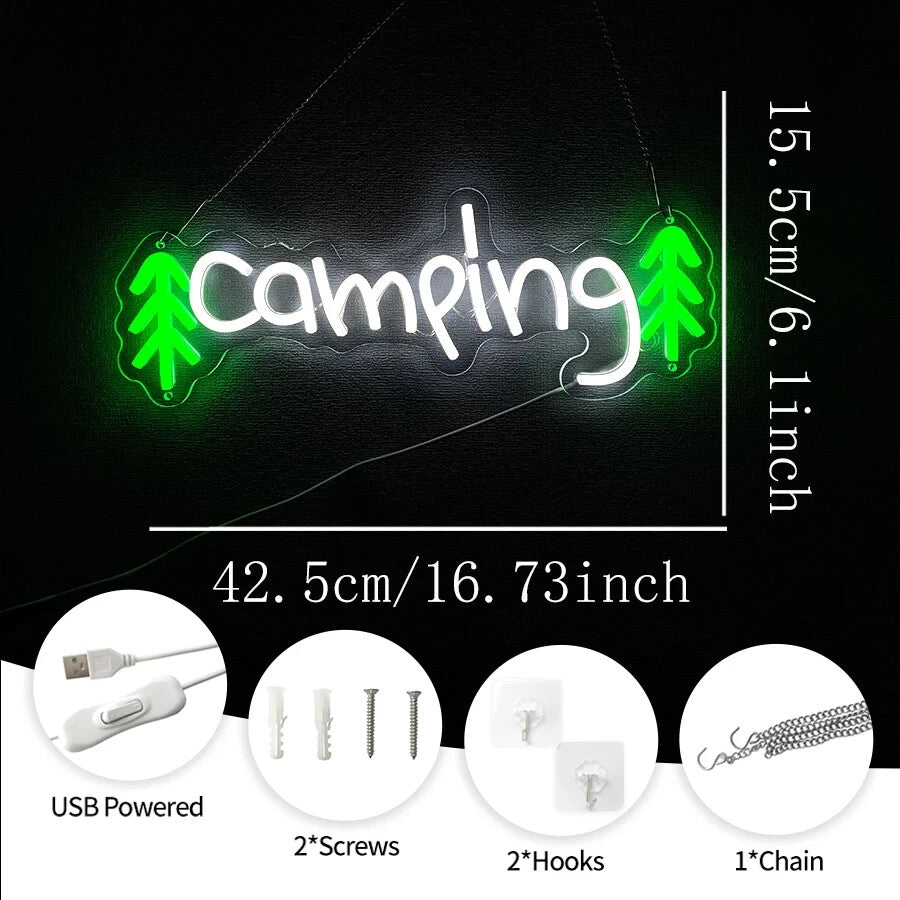 Camping Neon Sign - Green LED Light Campervan Campsite Park Caravan Glamping RV