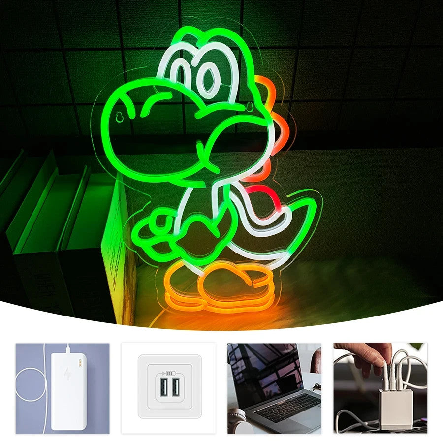 Yoshi / Mario Themed Neon Light - Nintendo Retro Gaming Sign Wall Gift USB