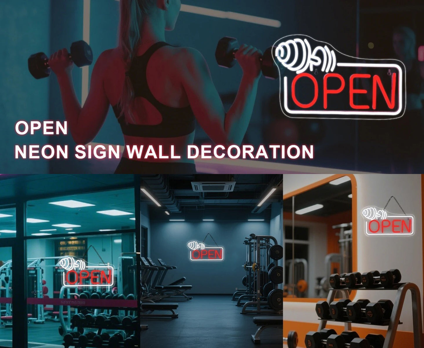 Gym Open Sign Neon Light with dumbbell - Weightlifting – Fitness Centre LED Club