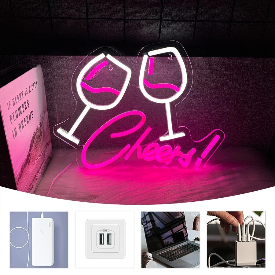 Cheers ! Wine Bar Neon Light - Cocktail Sign - Pub Home Club etc LED Prosecco
