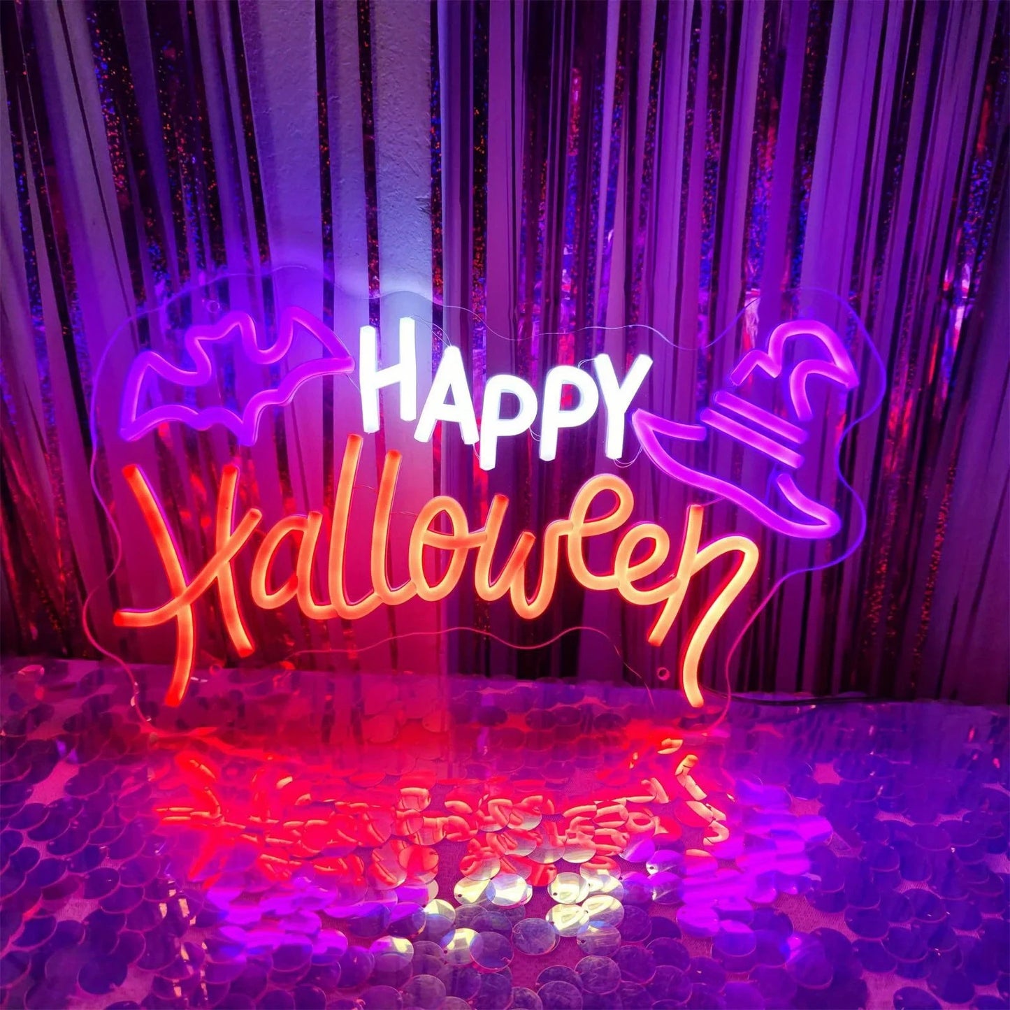 Happy Halloween Neon Sign - LED Spooky Light - Pub Home Play Area Ghost Bat Hat