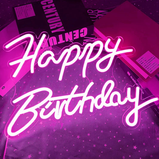 Happy Birthday Neon Sign - Pink LED Light - Wall Bday Celebration Party