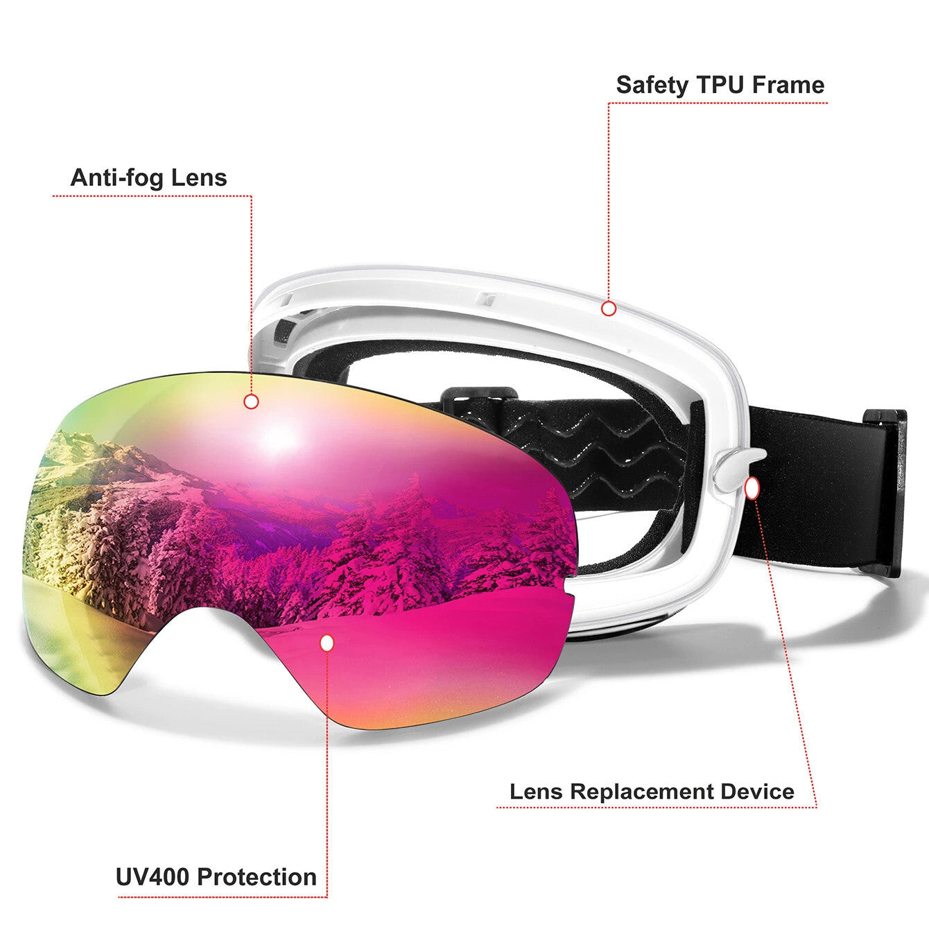 UV400 Interchangeable Lens Anti-Fog Ski Goggles - Adult Mens / Womans White Pink
