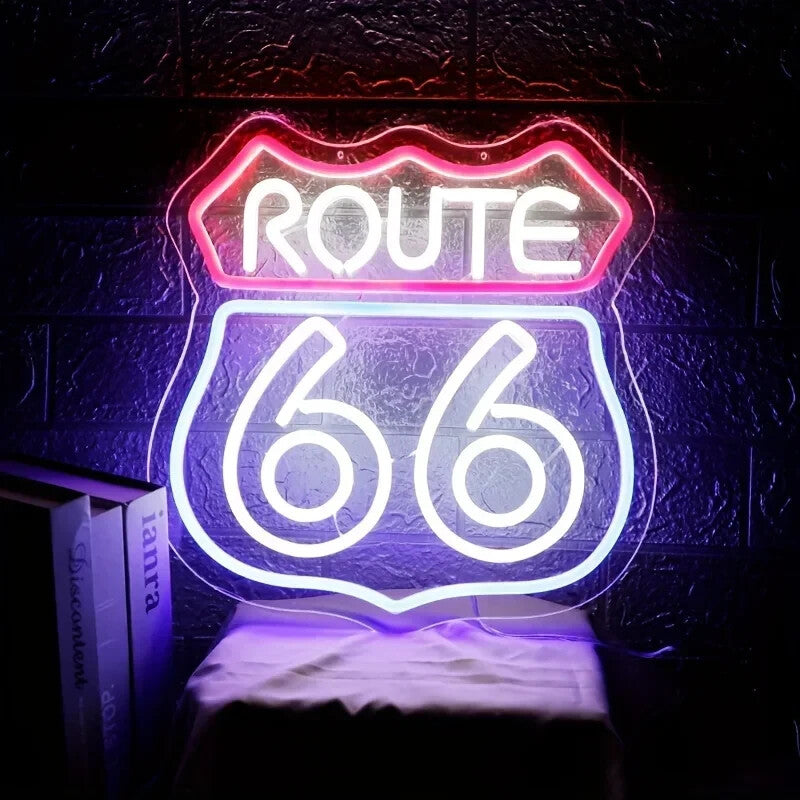 Route 66 Neon Light – LED Sign American - Acrylic Baseplate, USB Powered