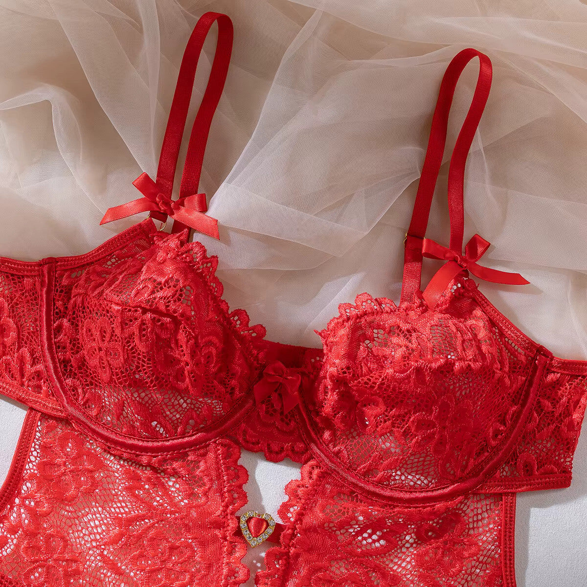 Sexy 2 Piece Valentines Lingerie Set - Backless Red Lace Outfit crotchless Skirt