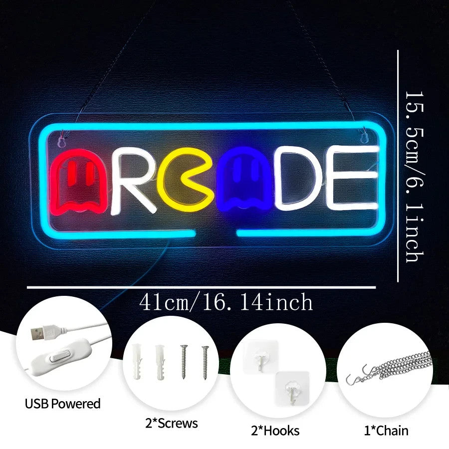 Arcade Neon Light - Gaming LED Sign Wall Gift Man Cave 80s Retro Pacman Ghost