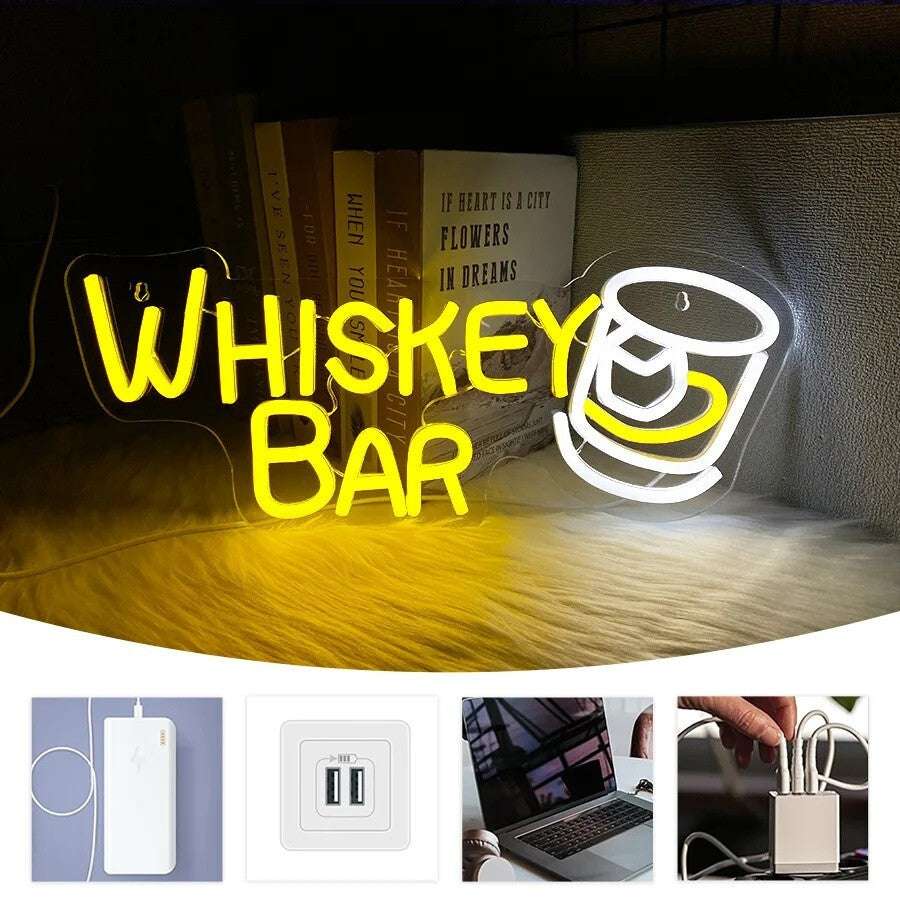 Whiskey Bar Neon Light - Alcohol Club Sign - Pub Home etc LED