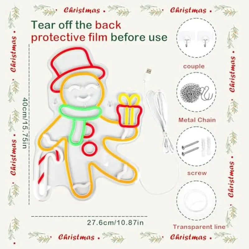 Merry Christmas Neon Sign - LED Gingerbread man Light - Home Happy Xmas Store