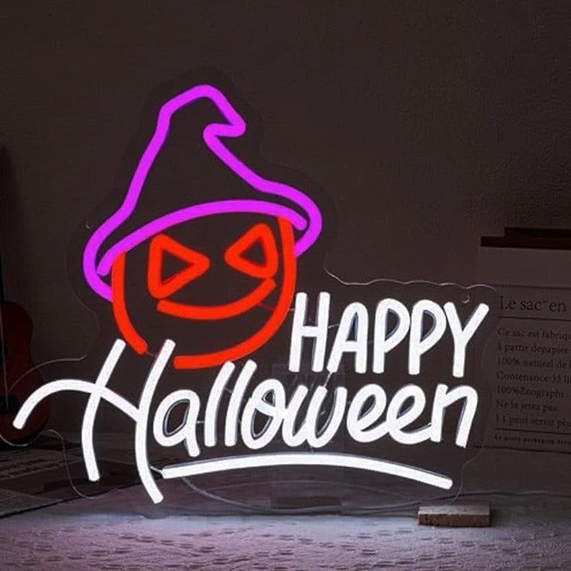 Happy Halloween Neon Sign - LED Spooky Pumpkin Light - Pub Home Play Area maze