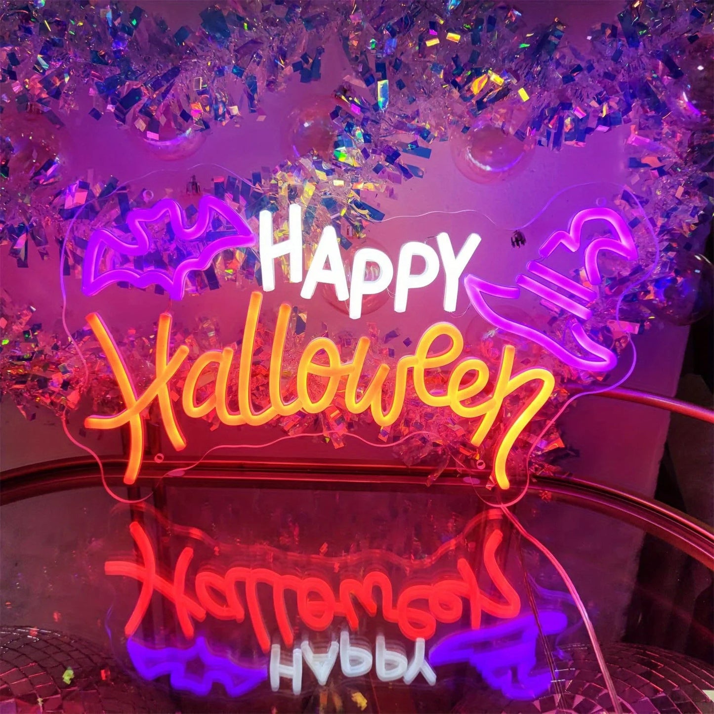 Happy Halloween Neon Sign - LED Spooky Light - Pub Home Play Area Ghost Bat Hat