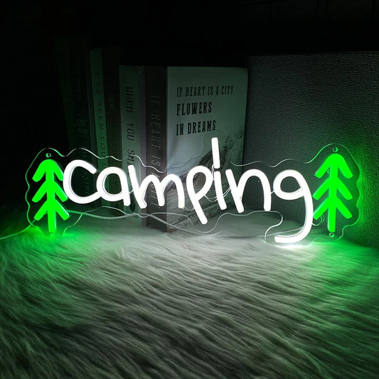 Camping Neon Sign - Green LED Light Campervan Campsite Park Caravan Glamping RV