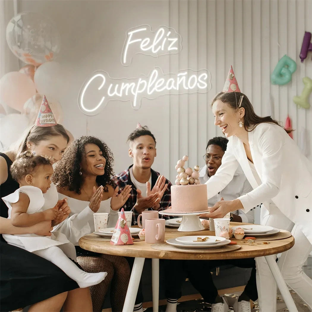 Feliz Cumpleanos Neon Sign - White LED Light - Wall Happy Birthday Party Spanish