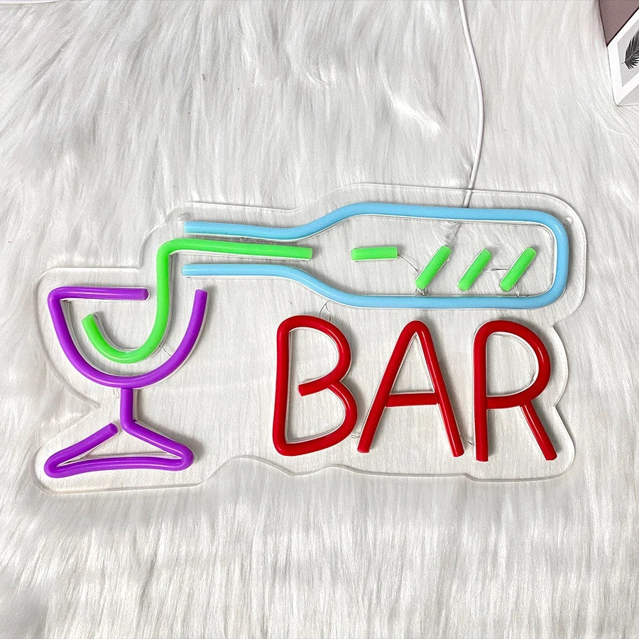 Wine Bottle Glass Pub Cocktail Bar Sign  - Neon Light - Home Club LED Alcohol