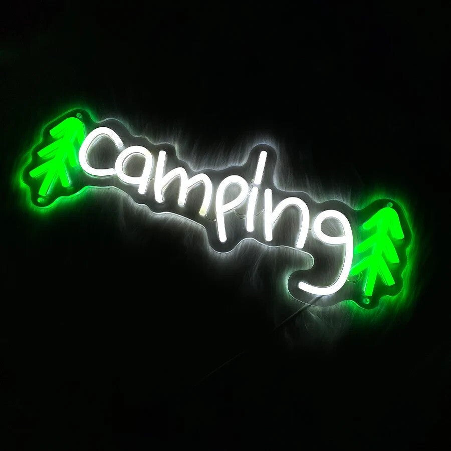 Camping Neon Sign - Green LED Light Campervan Campsite Park Caravan Glamping RV