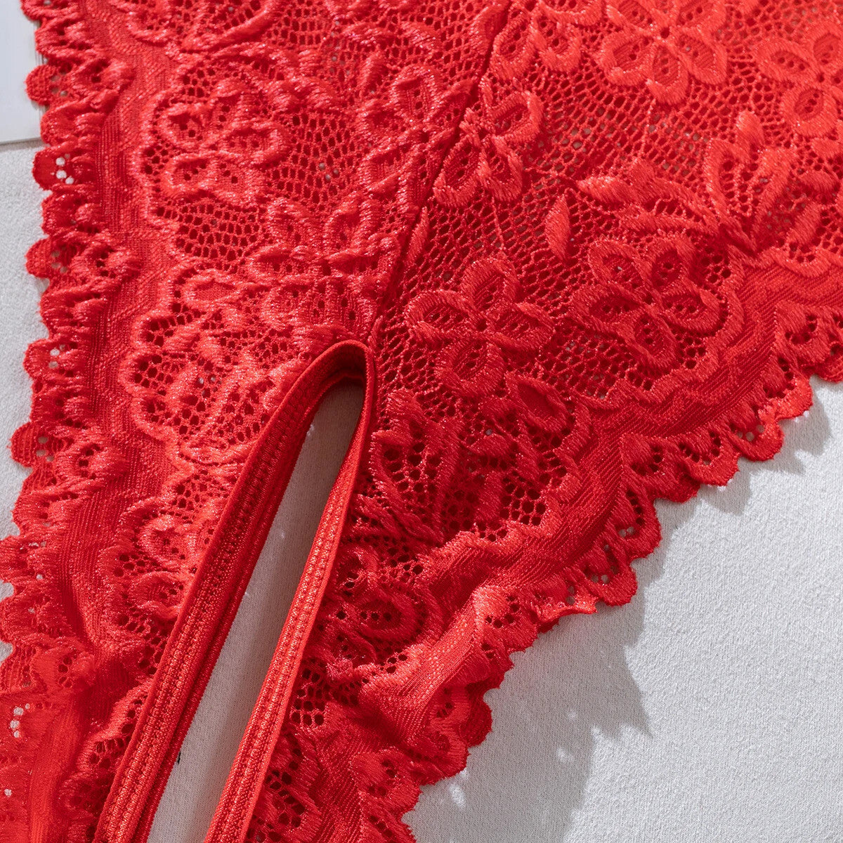 Sexy 2 Piece Valentines Lingerie Set - Backless Red Lace Outfit crotchless Skirt