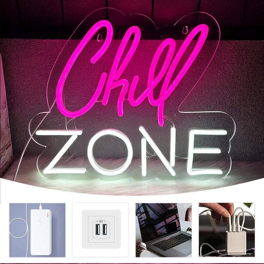 Chill Zone Neon Light - Relaxing Pink LED Sign - Games Room Bedroom Bar etc