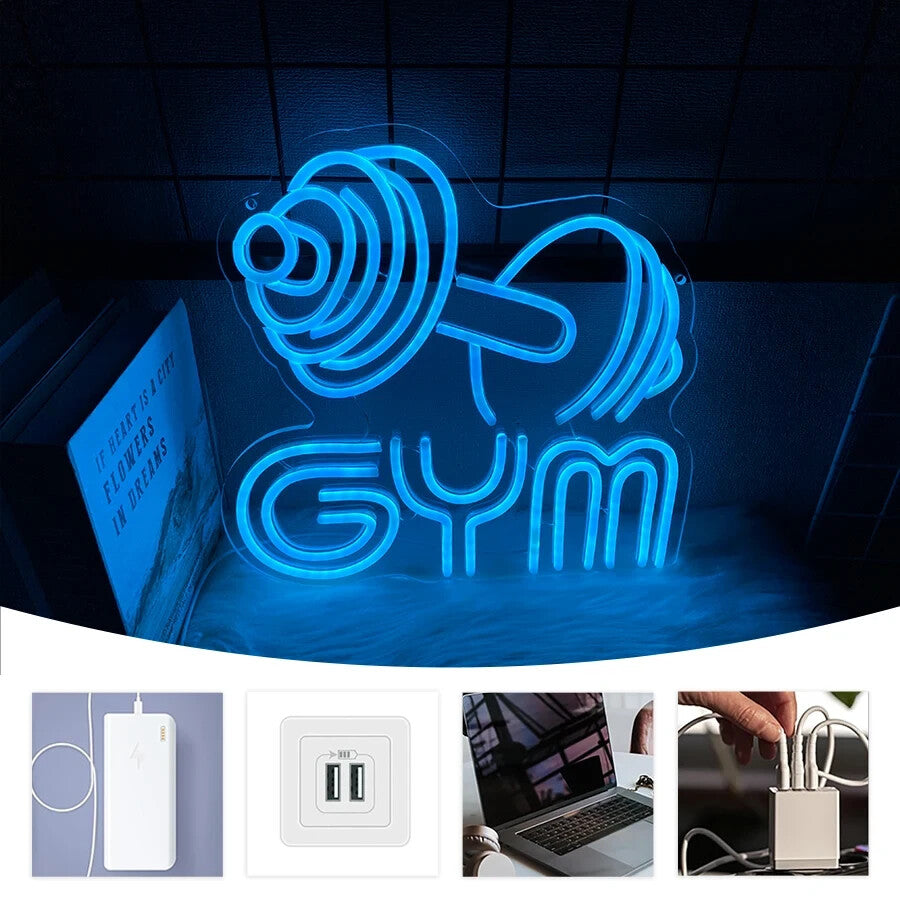 Gym Dumbbell Neon Sign - LED Weightlifting Light – Fitness Barbell USB Powered